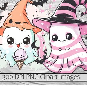 May include: Two cartoon ghosts wearing witch hats. One ghost is pink and white with black stripes and the other is white with light blue and green dripping from it. The ghost with the blue and green dripping is holding a purple ice cream cone.