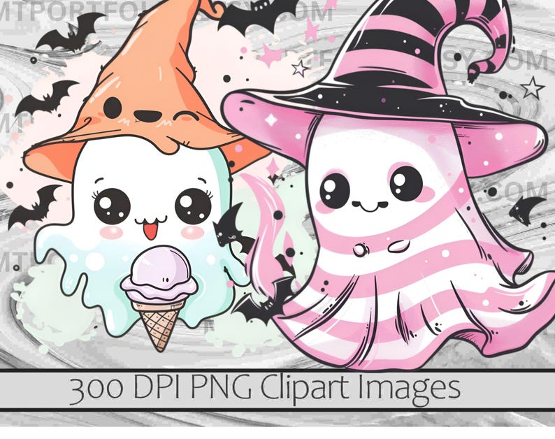 May include: Two cartoon ghosts wearing witch hats. One ghost is pink and white with black stripes and the other is white with light blue and green dripping from it. The ghost with the blue and green dripping is holding a purple ice cream cone.