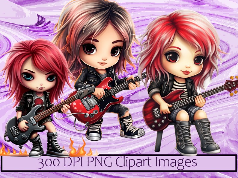 Red Hair Rocker Girl Guitar Chibi Kawaii Art Clipart Graphics ...