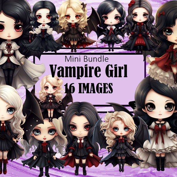 Vampire Girl Bat Wings Gothic Victorian Chibi Kawaii Art Clipart Graphics Sublimation Bundle Junk Journal Scrapbook PNG Transparent Download