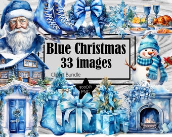 Christmas Clipart Blue Watercolor Blue Christmas PNG Bundle Blue Stocking PNG Xmas Snowman Clipart Christmas Tree Transparent Sublimation