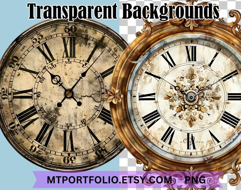 Puede incluir: Dos relojes de estilo antiguo con esferas de n&uacute;meros romanos y marcos dorados ornamentados. Las esferas de los relojes tienen un aspecto desgastado y envejecido con un fondo blanco y n&uacute;meros romanos negros. Un reloj tiene un dise&ntilde;o floral en el centro.