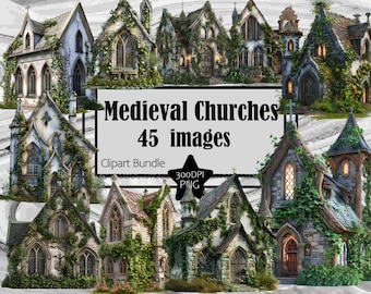 Church Clipart Fantasy Church PNG Bundle Medieval Cottage Graphics Transparent Commercial Digital Download Renaisance Sublimation Mossy PNG