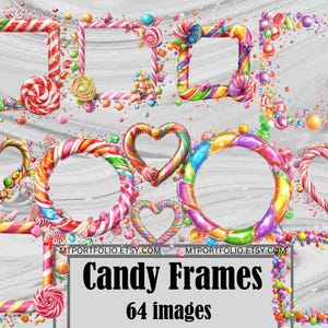 Bonbons cadre Clipart arc-en-ciel bonbon cadre coeur bordure PNG Bundle sucette fond translucide graphiques téléchargement numérique usage commercial