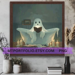 May include: A white ghost in a bathtub reading a book by candlelight. The ghost is wearing a white sheet and is sitting in a white bathtub. There are candles on the floor around the bathtub.