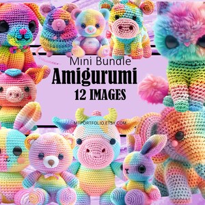 May include: A collection of 12 rainbow crochet amigurumi animals, including a cat, dog, pig, bear, unicorn, bunny, and more. Mini Bundle Amigurumi 12 IMAGES MTPORTFOLIO.ETSY.COM