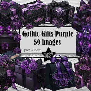 Gothic Geschenk Clipart Schwarz und Lila Geschenkboxen PNG Bundle Schwarz Geschenktüte Lila Rose Geschenkverpackung Grafiken PNG Clipart Sublimation PNG Art