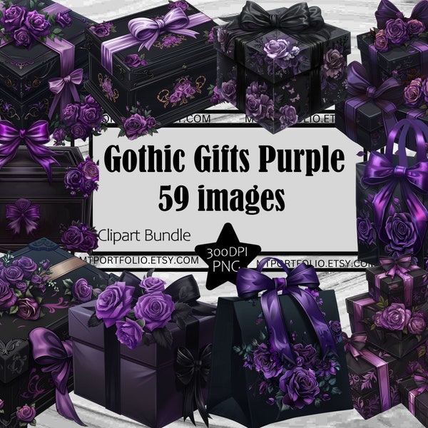 Gothic Gift Clipart Black and Purple Gift Boxes PNG Bundle Black Gift Bag Purple Rose gift Wrap Graphics PNG Clipart Sublimation PNG Art