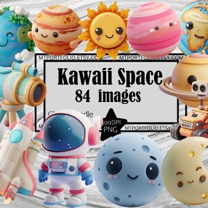 Clipart espacial kawaii, lindo sol, luna y estrellas, paquete de astronautas PNG, gráficos PNG, transparente, uso comercial, descarga digital, sublimación, diario