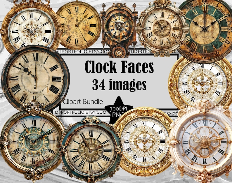 Puede incluir: Una colecci&oacute;n de 34 im&aacute;genes de car&aacute;tulas de relojes vintage en un paquete de clipart. Las car&aacute;tulas de los relojes son ornamentadas y presentan n&uacute;meros romanos, detalles intrincados y un aspecto desgastado y envejecido. Las im&aacute;genes son de 300 DPI y en formato PNG.