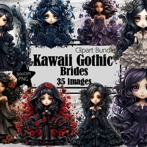 Könnte beinhalten: Ein digitales Clipart-Paket mit 35 Bildern von Kawaii-Gothic-Bräuten. Die Bräute sind in schwarzen, weißen und violetten Kleidern mit aufwendigen Details und floralen Akzenten gekleidet. Der Text "Kawaii Gothic Brides" ist in der Mitte des Bildes zu sehen.