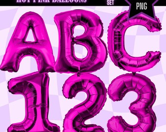 Può includere: Un set di 36 palloncini con lettere e numeri di colore rosa acceso. I palloncini sono gonfiati e pronti all'uso. Le lettere sono A, B, C, e i numeri sono 1, 2, 3.  I palloncini sono perfetti per feste, celebrazioni ed eventi.  L'immagine include il testo "HOT PINK BALLOONS", "ALPHA SET", "36 PNG", e "MTPORTFOLIO.ETSY.COM PNG".