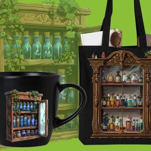 May include: A black mug with a graphic of a wooden cabinet filled with colorful potion bottles. The cabinet is decorated with vines and has a glass door. The mug is next to a wooden cabinet with potion bottles on shelves.