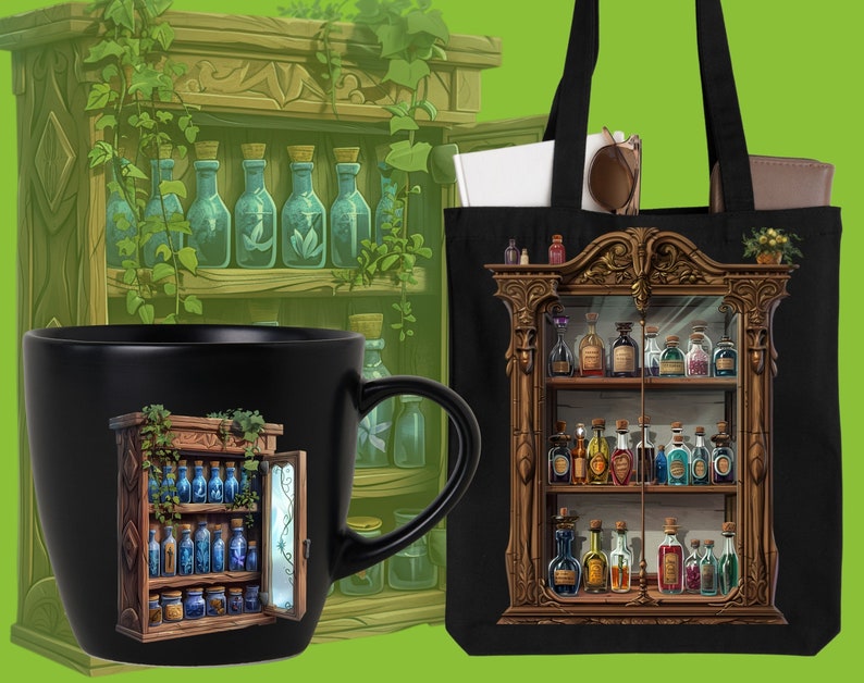 May include: A black mug with a graphic of a wooden cabinet filled with colorful potion bottles. The cabinet is decorated with vines and has a glass door. The mug is next to a wooden cabinet with potion bottles on shelves.