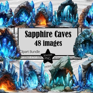 May include: A digital clipart bundle of 48 images featuring various cave entrances with blue crystal formations. The text "Sapphire Caves 48 images" is displayed in the center of the image.