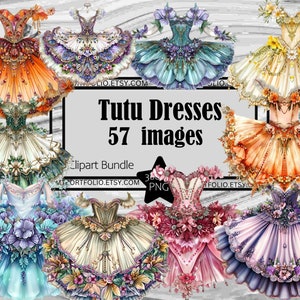 Clipart robe tuTu fantaisie robe en tulle Clip Art robe florale Bundle PNG graphiques Transparent téléchargement numérique sublimation art mural