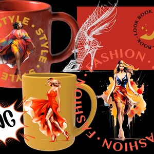 May include: Two mugs with different designs. One mug is red with gold text that says "STYLE" and features a woman in a colorful dress. The other mug is yellow with a woman in a red dress. The text on the mug says "FASHION".