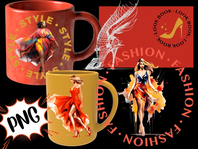 May include: Two mugs with different designs. One mug is red with gold text that says "STYLE" and features a woman in a colorful dress. The other mug is yellow with a woman in a red dress. The text on the mug says "FASHION".