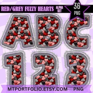 May include: 36 red and gray fuzzy heart-shaped letters and numbers, A, B, C, 1, 2, 3, with a white outline.  The letters and numbers are made of fuzzy hearts.  The letters and numbers are on a purple background.  The text "RED/GREY FUZZY HEARTS ALPHA SET 36 PNG" is at the top of the image.  The text "MTPORTFOLIO.ETSY.COM PNG" is at the bottom of the image.