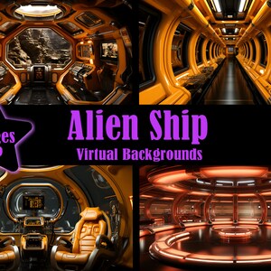 May include: Four images of a futuristic spaceship interior. The images show different parts of the ship, including the cockpit, a corridor, and a large, open room. The ship is decorated in a sleek, modern style with a lot of metal and glass. The images are perfect for use as virtual backgrounds.