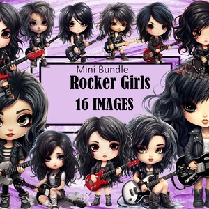 Capelli neri Rocker Ragazza Chitarra Chibi Kawaii Arte Clipart Grafica Sublimazione Bundle Junk Journal Scrapbook File PNG Trasparente Download