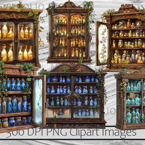 May include: Five ornate wooden cabinets with glass doors and shelves filled with various glass bottles containing colorful liquids. The cabinets are decorated with intricate carvings and have a rustic, antique aesthetic.