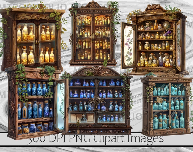 May include: Five ornate wooden cabinets with glass doors and shelves filled with various glass bottles containing colorful liquids. The cabinets are decorated with intricate carvings and have a rustic, antique aesthetic.