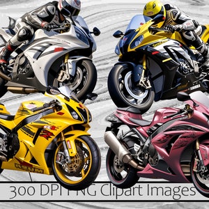 以下が含まれることがあります： 白、黄、ピンクなど、さまざまな色のスポーツバイクが4台あります。バイクはすべて、前輪が地面から離れたレーシングポーズをとっています。