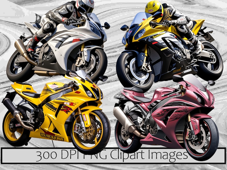 以下が含まれることがあります： 白、黄、ピンクなど、さまざまな色のスポーツバイクが4台あります。バイクはすべて、前輪が地面から離れたレーシングポーズをとっています。