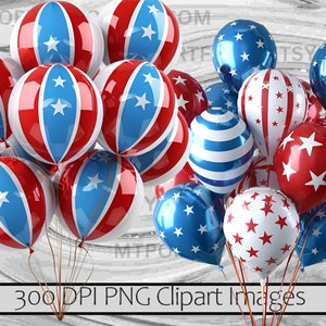 Peut inclure: Un groupe de ballons rouges, blancs et bleus avec des motifs d'&eacute;toiles et de rayures. Certains ballons sont bleu uni avec des &eacute;toiles blanches, d'autres ont des rayures rouges et blanches ou des &eacute;toiles rouges sur fond blanc. Le texte "300 DPI PNG Clipart Images" est visible.