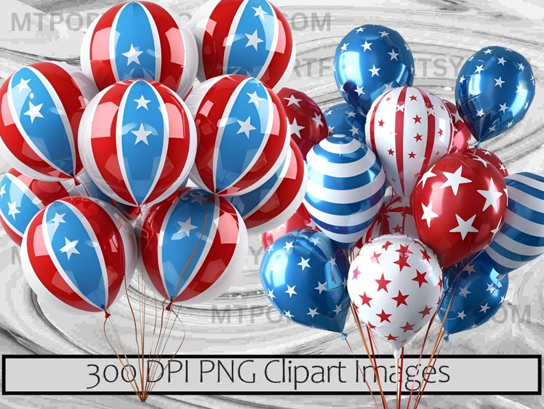 Peut inclure: Un groupe de ballons rouges, blancs et bleus avec des motifs d'&eacute;toiles et de rayures. Certains ballons sont bleu uni avec des &eacute;toiles blanches, d'autres ont des rayures rouges et blanches ou des &eacute;toiles rouges sur fond blanc. Le texte "300 DPI PNG Clipart Images" est visible.