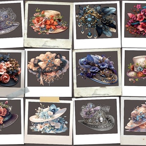 May include: A collage of ten vintage-style photographs featuring various hats adorned with flowers, feathers, and jewels. Each photograph has a white border and a brown background.