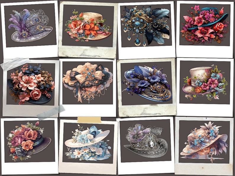 May include: A collage of ten vintage-style photographs featuring various hats adorned with flowers, feathers, and jewels. Each photograph has a white border and a brown background.