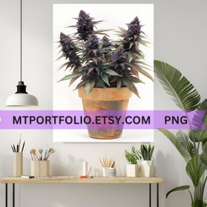 May include: A botanical print featuring a potted plant with deep purple buds and green leaves. The plant is in a terracotta pot. The text "MTPORTFOLIO.ETSY.COM PNG" is visible at the bottom of the image.