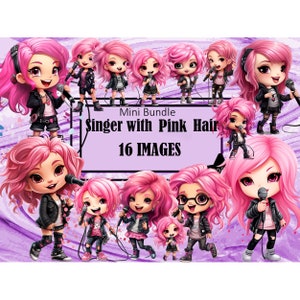 Cantante dai capelli rosa che canta ragazza microfono Chibi Kawaii Art Clipart Grafica Sublimazione Bundle Junk Journal Scrapbook File PNG Trasparente Download