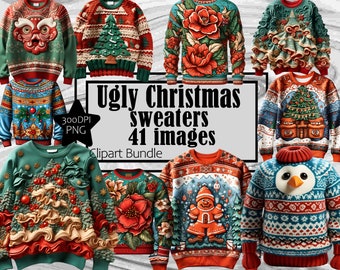 Ugly Christmas Sweaters - Graphics Transparent Commercial License Incl.~Digital Download Sublimation Junk Journal