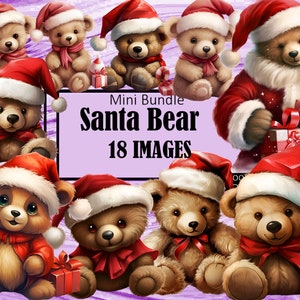 Könnte beinhalten: Ein digitales Clipart-Set mit 18 Bildern von niedlichen Teddybären, die als Weihnachtsmann verkleidet sind. Die Bären tragen rote Weihnachtsmützen, rote Mäntel und halten Geschenke. Der Text "Mini Bundle Santa Bear 18 IMAGES" wird auf einem lila Hintergrund angezeigt.