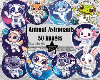 Animal Astronauts Clipart Cute Kawaii PNG Baby Astronaut Bundle PNG Graphics Transparent Commercial Use Digital Download Sublimation Journal