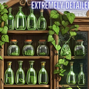 May include: A wooden cabinet with three shelves filled with glass bottles containing green liquid. The cabinet is decorated with green vines.