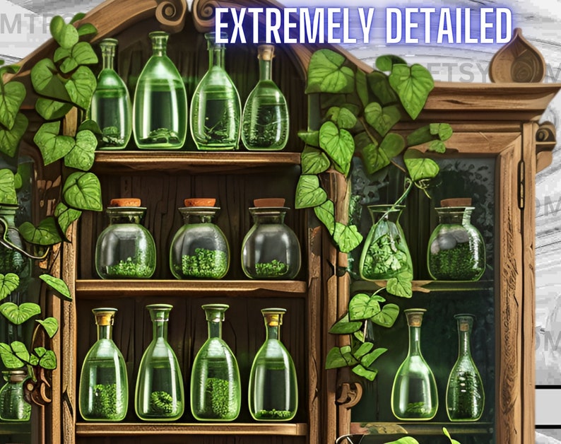 May include: A wooden cabinet with three shelves filled with glass bottles containing green liquid. The cabinet is decorated with green vines.