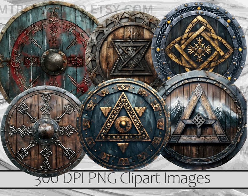 May include: Set of six digital clipart images of round wooden shields with various designs. The shields feature a variety of patterns, including geometric shapes, runes, and mountain scenes. The shields are all in a rustic style with a distressed wood finish.