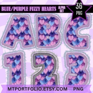Purple Blue Fuzzy Heart Alphabet PNG Pastel Furry Heart Individual Letters Numbers Clipart Digital Alphabet Lavender Fur Letters Sublimation