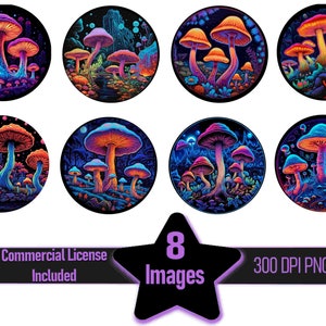 Cogumelos mágicos psicodélicos, luz negra, neon, verde, porta-copos, redondo, clipart, gráfico, pacote ~ licença comercial incl. ~ DL digital ~ sublimação