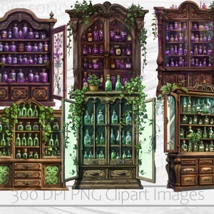 May include: Five antique wooden cabinets with glass doors and shelves filled with glass bottles containing colorful liquids. The cabinets are decorated with vines and leaves.