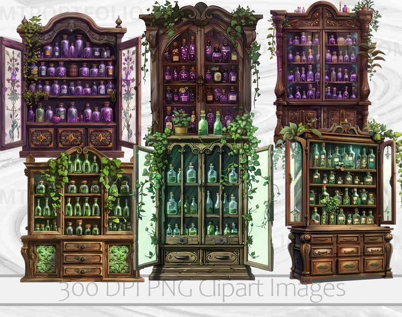 May include: Five antique wooden cabinets with glass doors and shelves filled with glass bottles containing colorful liquids. The cabinets are decorated with vines and leaves.