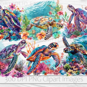 May include: Five colorful sea turtles with iridescent shells are swimming in a vibrant coral reef. The turtles are surrounded by colorful coral, fish, and seaweed. The background is a watercolor wash of blue and green.