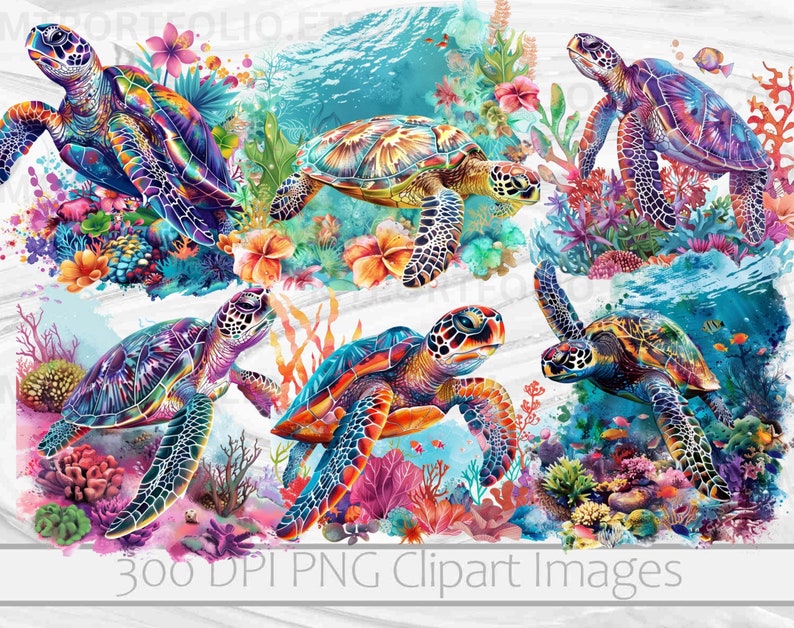 May include: Five colorful sea turtles with iridescent shells are swimming in a vibrant coral reef. The turtles are surrounded by colorful coral, fish, and seaweed. The background is a watercolor wash of blue and green.