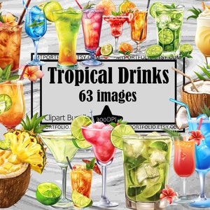 Bundle de cliparts cocktails tropicaux boissons alcoolisées PNG graphiques alcool Clipart Transparent commercial téléchargement numérique Sublimation indésirable journal