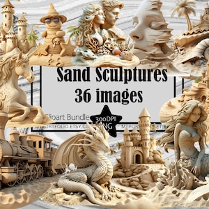May include: A collection of 36 sand sculptures, including a castle, a mermaid, a dragon, a train, a unicorn, and a snowman. The sculptures are all made of sand and are displayed on a beach.
