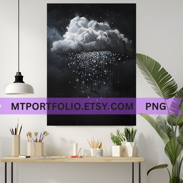 Diamond Lightning Storm Cloud Printable Art Diamond Raindrop Wall Art Dark Rain Cloud  College Dorm Room Modern Art - Instant Download